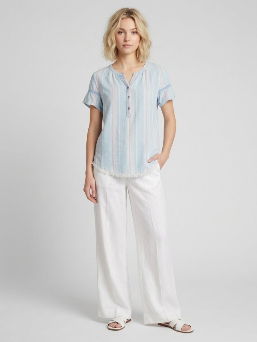 2/$30 Blue Rain Striped Fringed Henley Blouse Light Blue XS #A4485